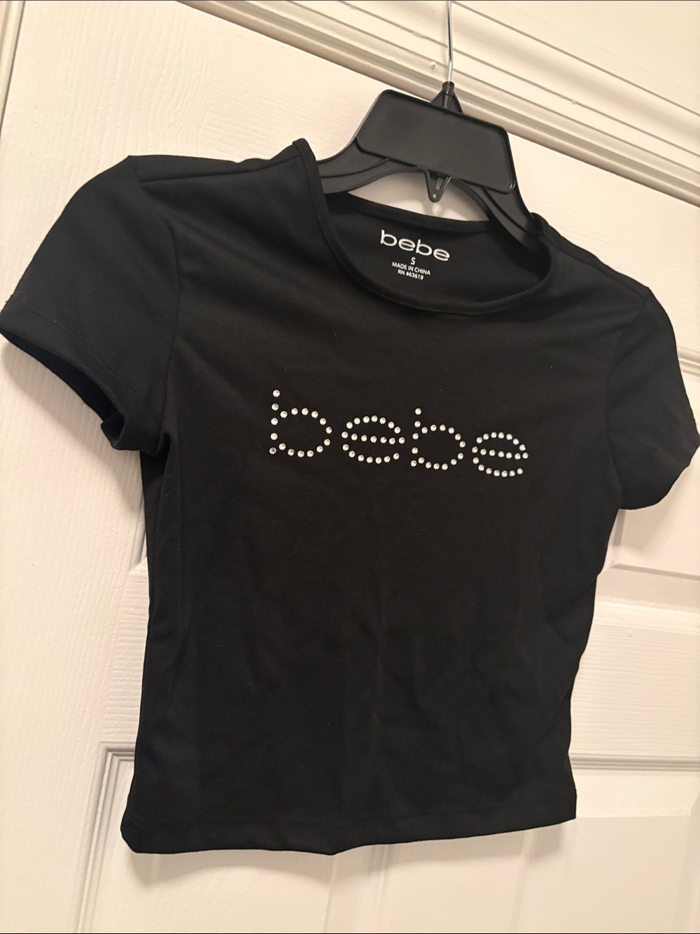 bebe Black Short Sleeve Tee with Rhinestone Logo